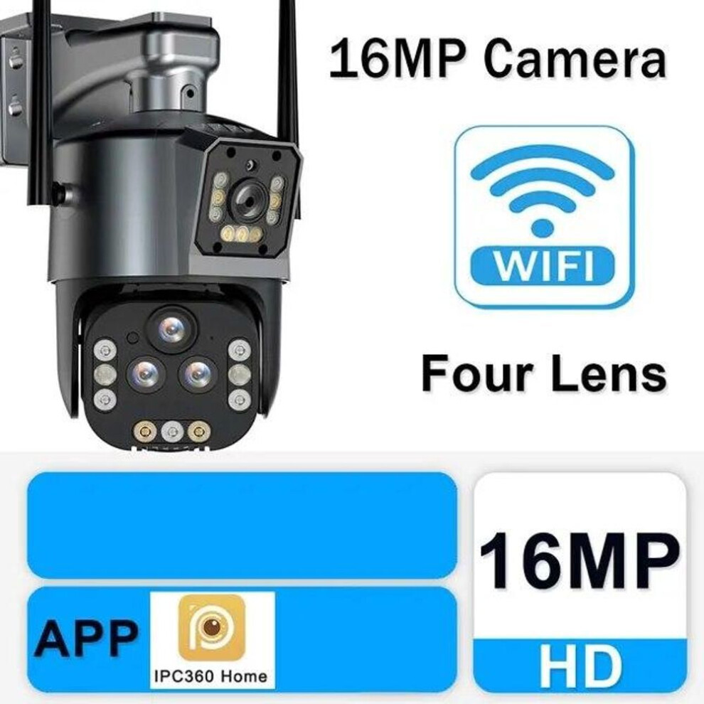 (EU Plug) 16MP 8K Wifi IP Camera 20X Zoom Four Lens Outdoor Wireless Security Camera PTZ 360 Smart Home Security Protection CCTV Wifi Surveillance Cameras