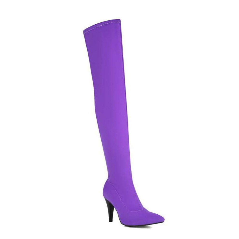 (purple, 43) Women&apos;s high-heeled boots, sexy European and American style, pointed thin heel, solid color, plus size knee high boots