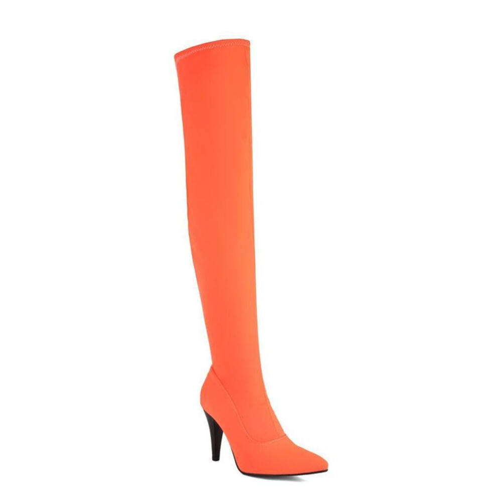 (orange, 38) Women&apos;s high-heeled boots, sexy European and American style, pointed thin heel, solid color, plus size knee high boots