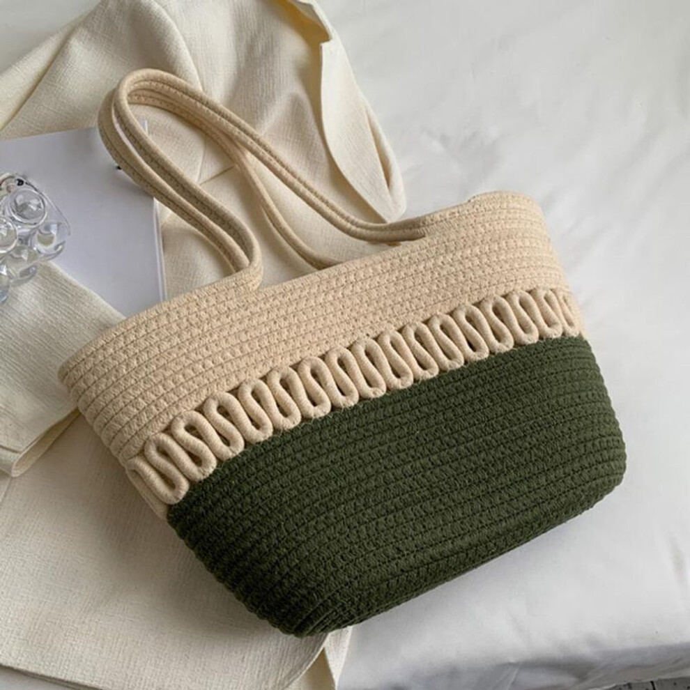 (green, 28x9.5x24cm) Yogodlns Knitting Kits Fabric Khaki Beach Bag Large Capacity Handmade Straw Spring Summer Holiday Leisure Bag Women Bag Shopping Bag
