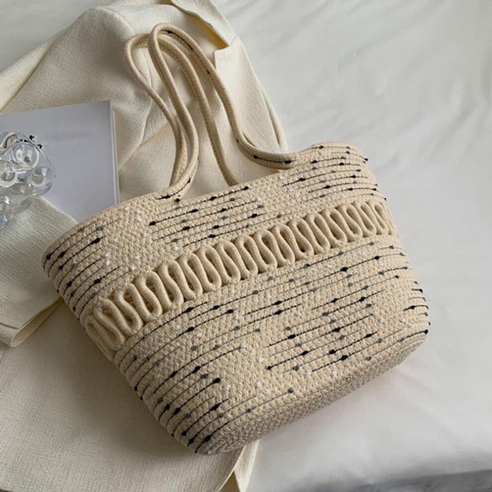 (black,white, 28x9.5x24cm) Yogodlns Knitting Kits Fabric Khaki Beach Bag Large Capacity Handmade Straw Spring Summer Holiday Leisure Bag Women Bag Shopping Bag