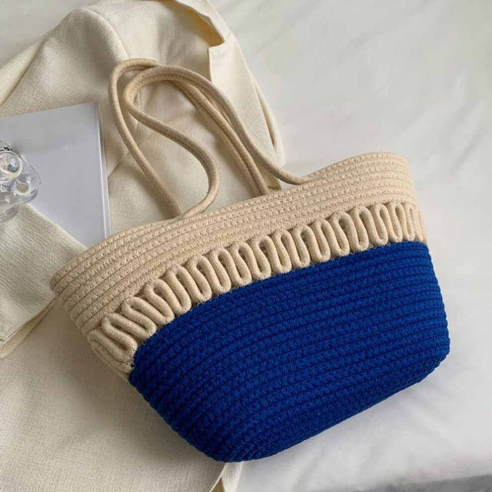(blue, 28x9.5x24cm) Yogodlns Knitting Kits Fabric Khaki Beach Bag Large Capacity Handmade Straw Spring Summer Holiday Leisure Bag Women Bag Shopping Bag