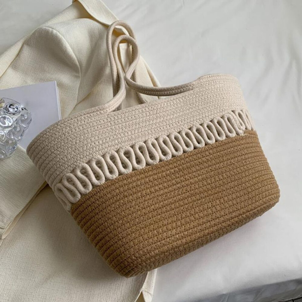 (khaki, 28x9.5x24cm) Yogodlns Knitting Kits Fabric Khaki Beach Bag Large Capacity Handmade Straw Spring Summer Holiday Leisure Bag Women Bag Shopping Bag