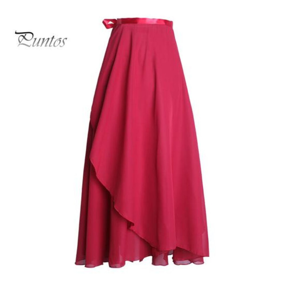 (wine red) Women Dance Skirt High Waist Lace-up Multi-Layered Mesh Chiffon Long Skirt Solid Color Flowy Maxi Skirt Adult Ballet Skirt