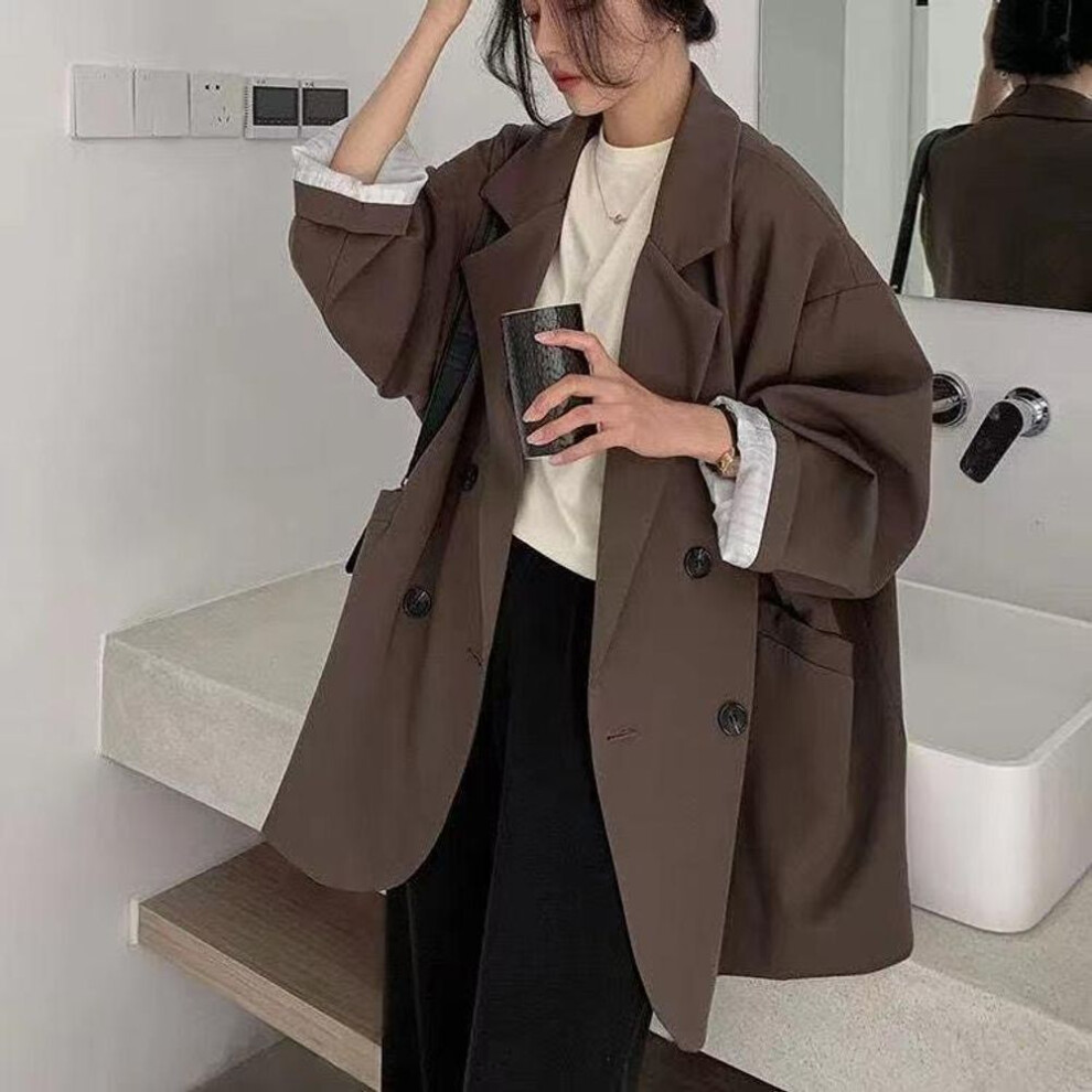 (brown, S) Autumn Blazers Women Minimalist Solid Outwear Loose Elegant Retro Official Fashion High Street Feminine Comfortable Suit Student