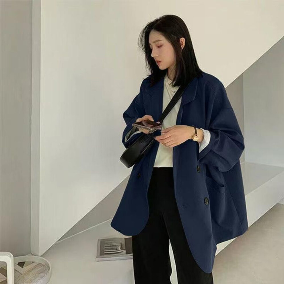 (blue, XXL) Autumn Blazers Women Minimalist Solid Outwear Loose Elegant Retro Official Fashion High Street Feminine Comfortable Suit Student