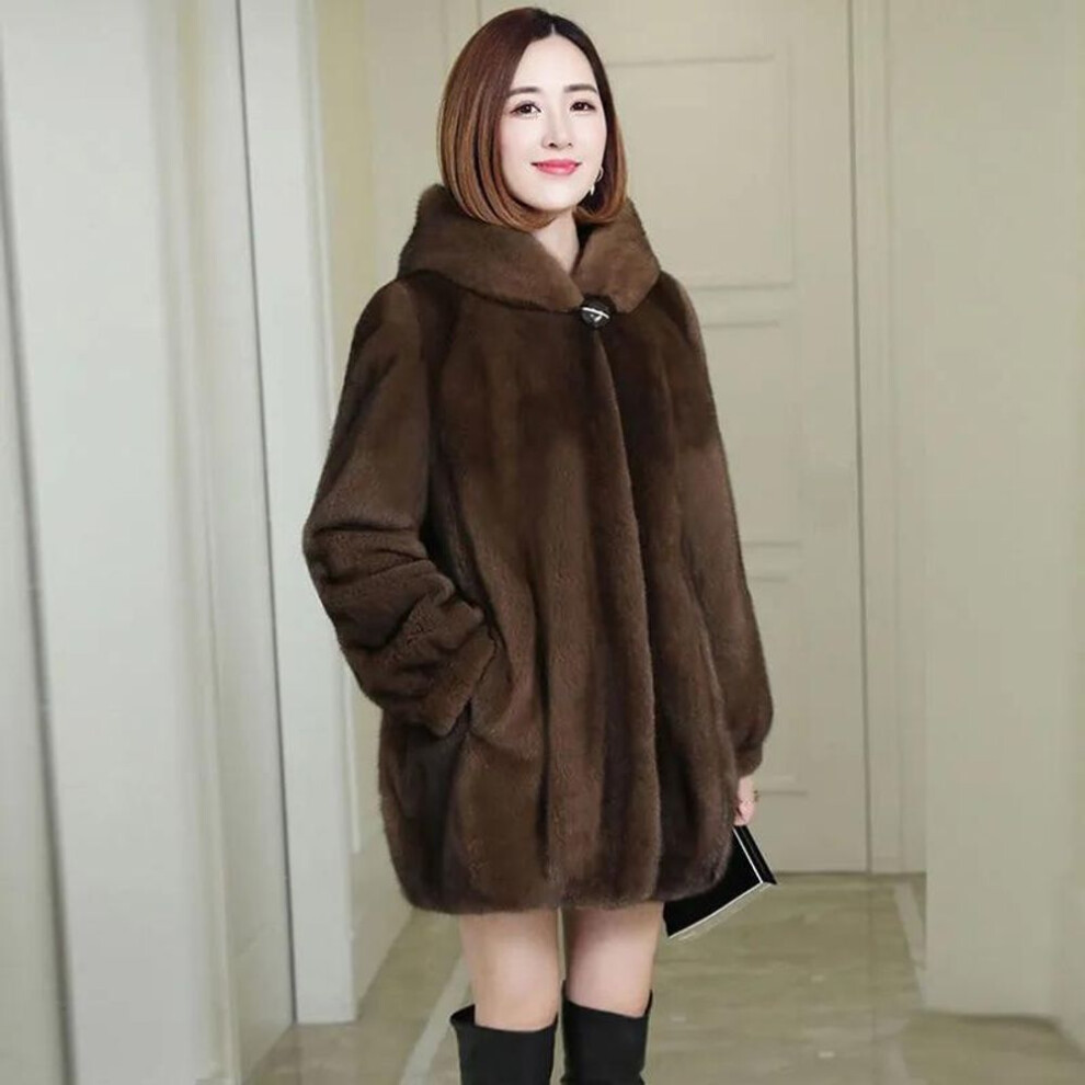 (brown, XL) Faux Mink Coat Women&apos;s Mid-length Autumn and Winter Thick Plus Size Hooded Fur Coat Women Are Thin