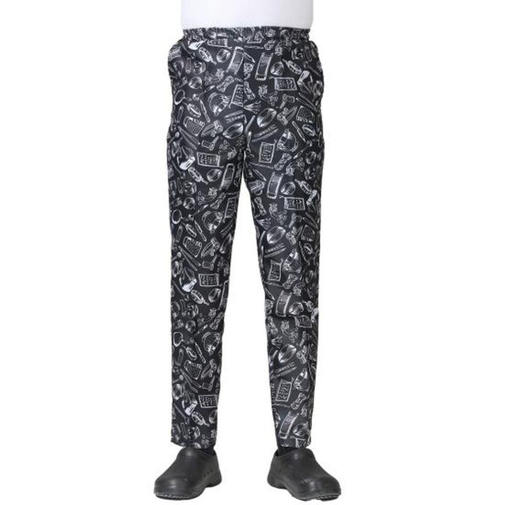 (black white, M) Chef Pants Unisex Loose Elastic Waist Soft Pockets Stretchy Service Cook Restaurant Uniform Waiter