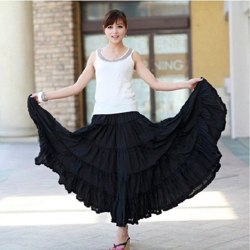 (black, one size) Women Long Skirts Candy Colors Cotton Falda Female Casual Beach Bohemia Ruffles Maxi Skirt