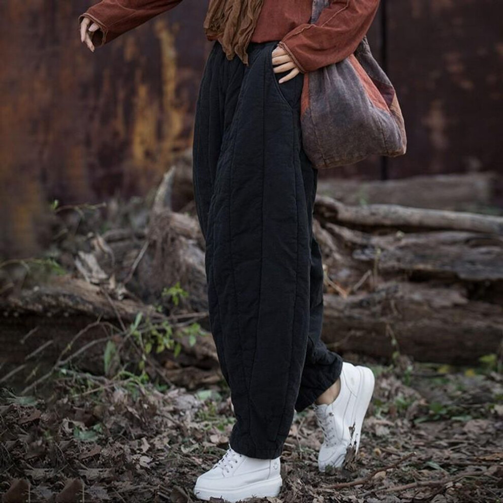 (black, One Size) Johnature Women Plus Cotton Warm Winter Bloomers Pants Loose Pockets Vintage Thick Women Long Pants