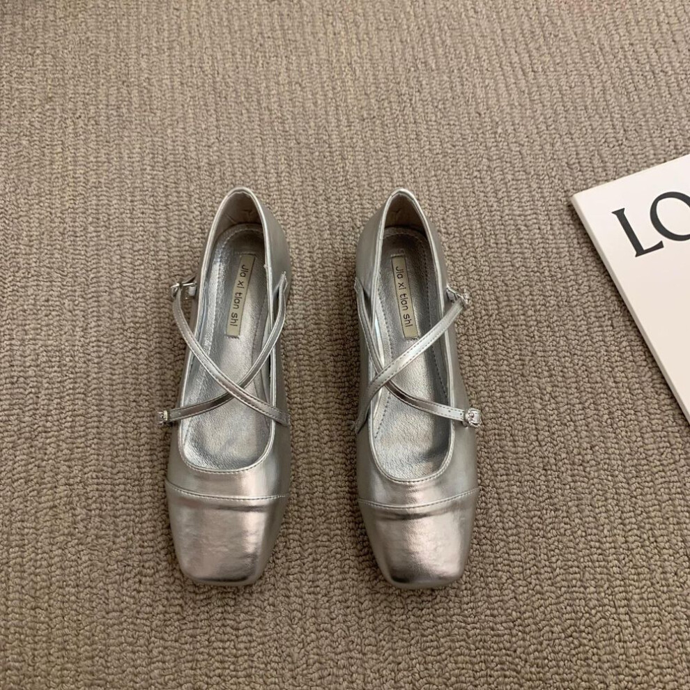 (silver, 38) Thick Heeled Crossed Silver Mary Jane Square Toe Single Shoes for Women,Flat Bottomed Ladybug Shoes