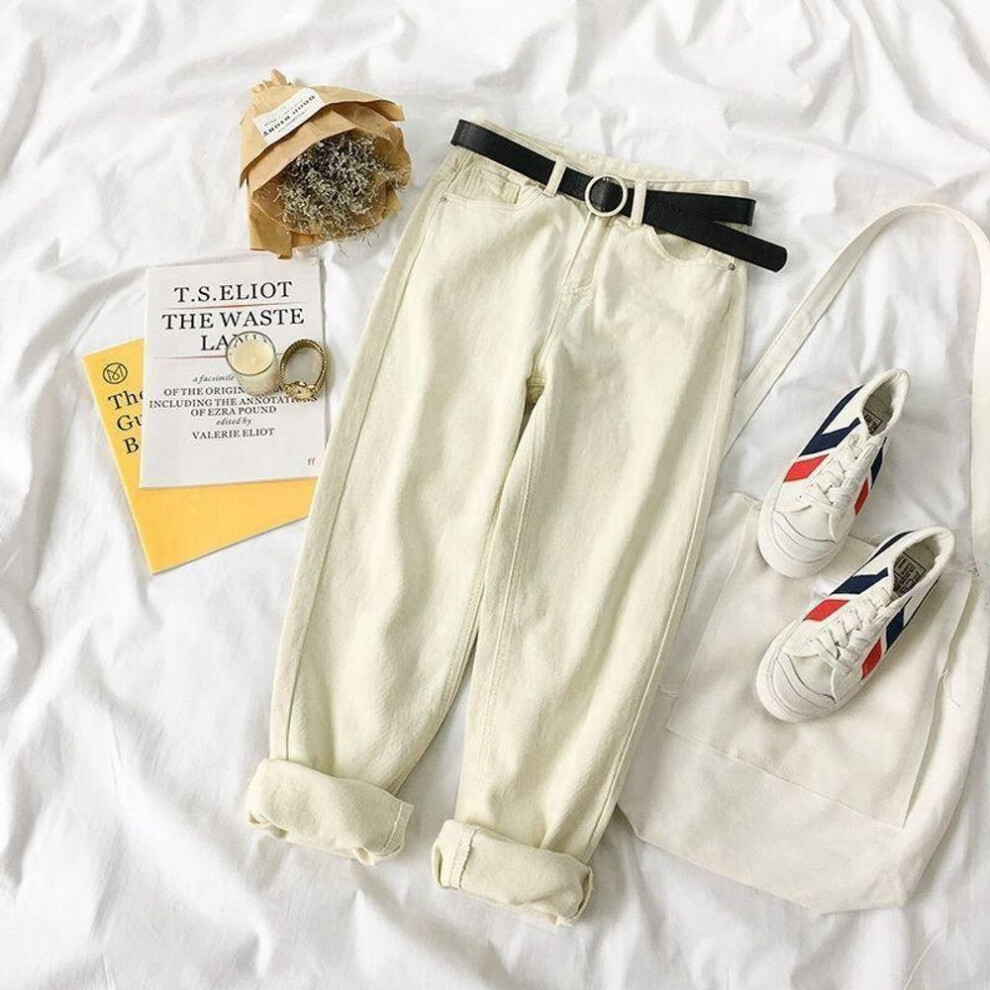 (almond, M) Vintage Straight High Waist Jeans Women Boyfriend Mom Streetwear Denim Jeans Casual Loose Plus Size Denim Trousers
