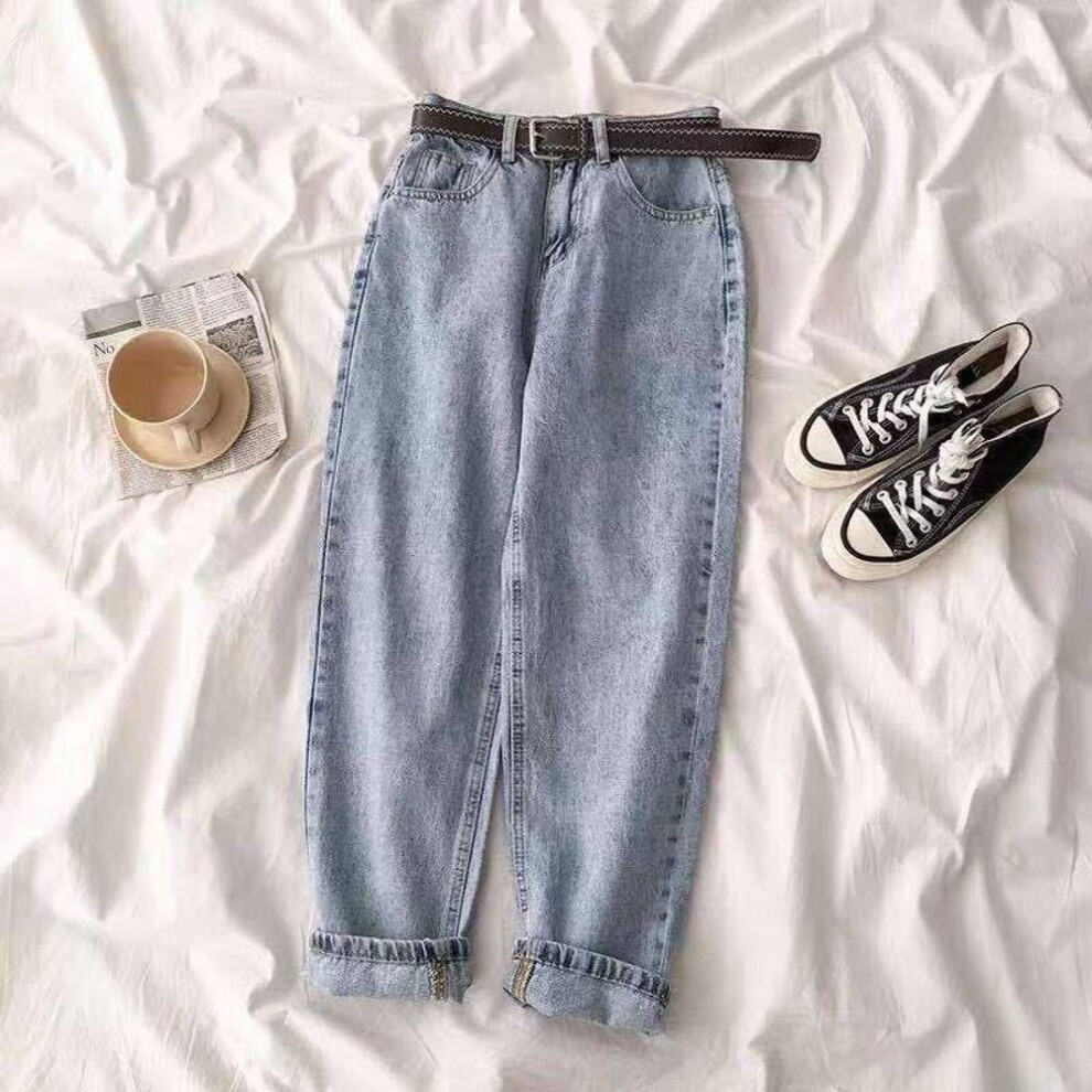 (light blue, L) Vintage Straight High Waist Jeans Women Boyfriend Mom Streetwear Denim Jeans Casual Loose Plus Size Denim Trousers