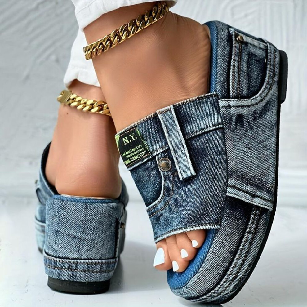 (blue, 36) Women&apos;s Denim Platform Sandals, Fashion Open Round Toe Non Slip Slides, Outdoor Wedge Sandals