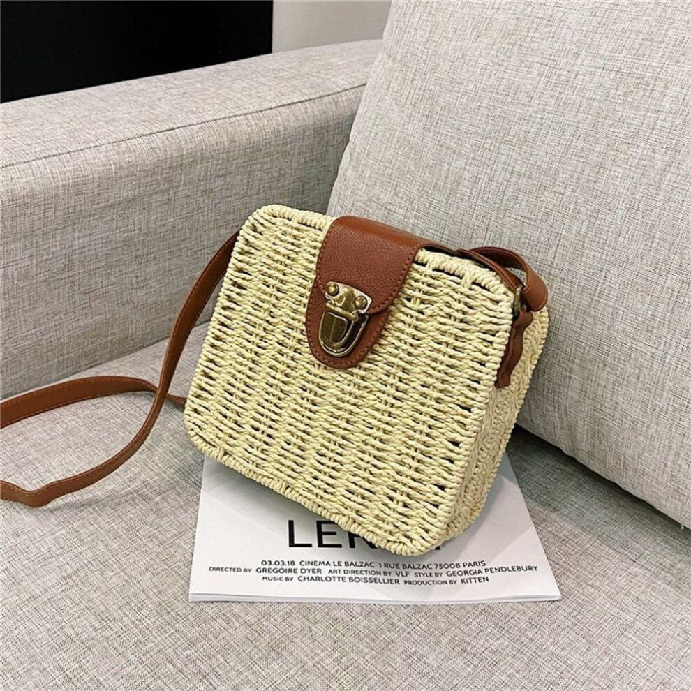 (beige, 18*7*17cm) Yogodlns Summer Straw Shoulder Bag Handmade Woven Crossbody Bag Small Square Bag Beach Bag Lady Shopping Shoulder Bag Vacation