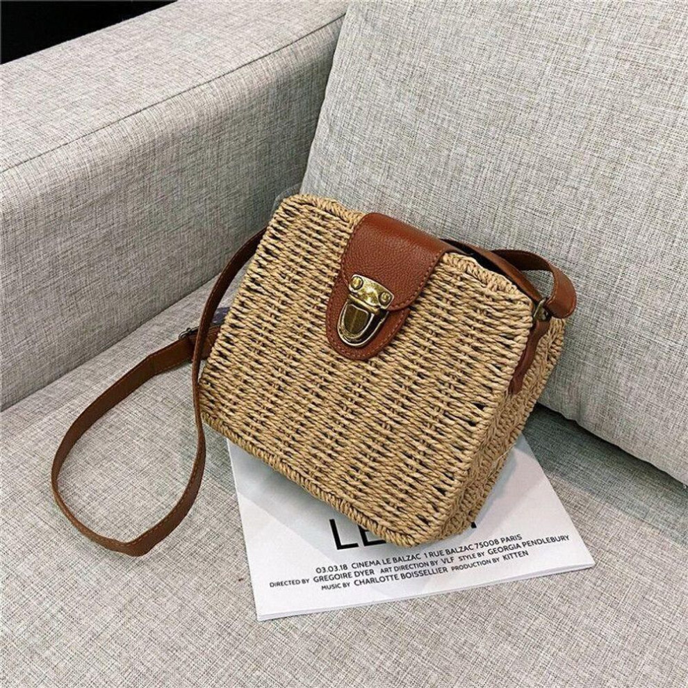 (khaki, 18*7*17cm) Yogodlns Summer Straw Shoulder Bag Handmade Woven Crossbody Bag Small Square Bag Beach Bag Lady Shopping Shoulder Bag Vacation