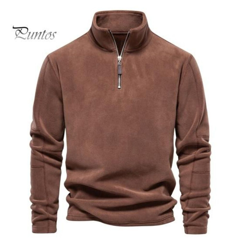 (brown, S) Men Fall Winter Sweatshirt Half Zipper Stand Collar Long Sleeves Solid Color Keep Warm Daily Sport Top Adult Male Spring Top