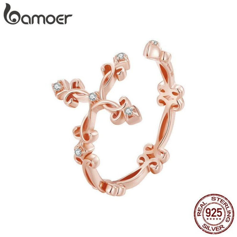 (rose gold) BAMOER Retro Pattern Cross Adjustable Finger Ring for Women 925 Sterling Silver Vintage Flower Rings