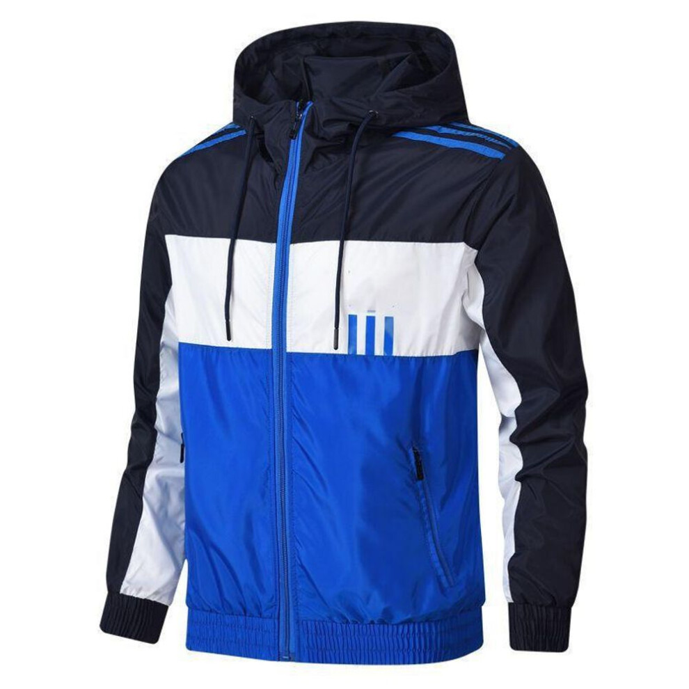 (blue, L) Spring and Autumn Men&apos;s and Women&apos;s Jackets Color-blocking Three-bar Regular Long-Sleeve Casual Hooded Collar Jacket