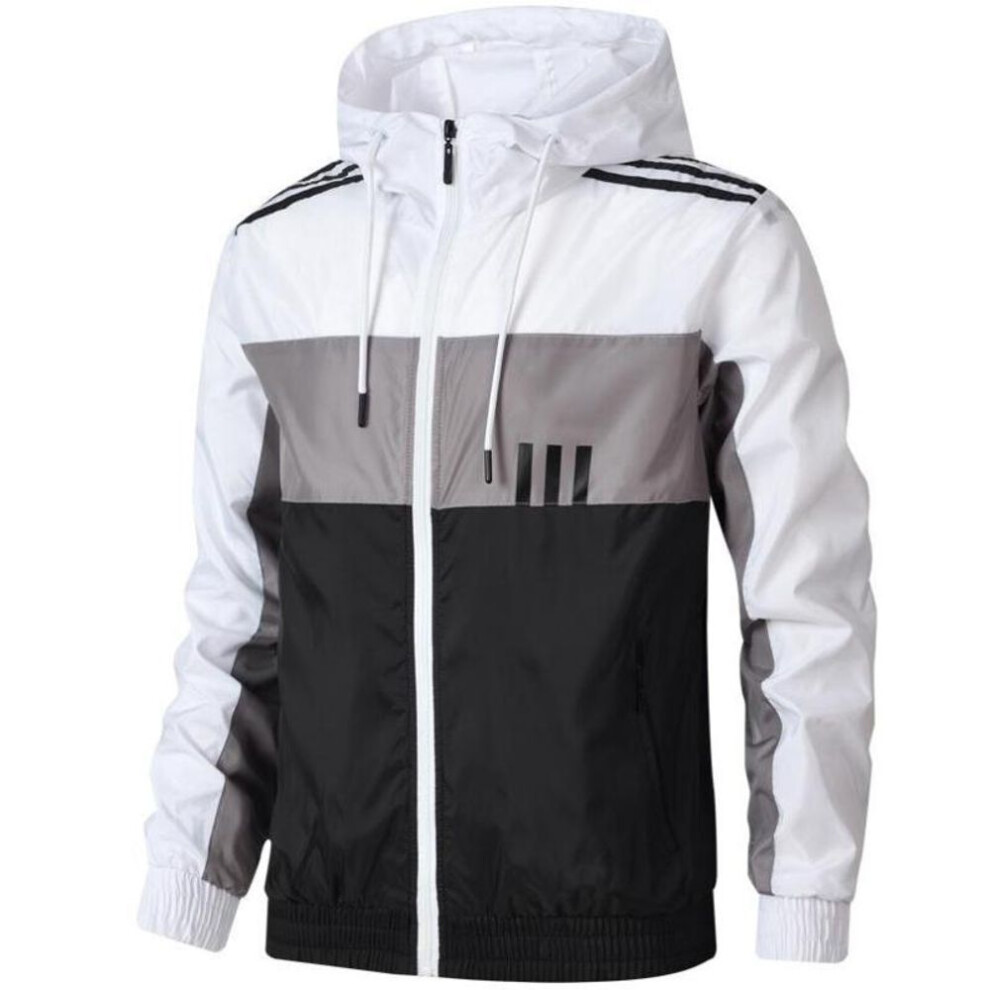 (grey, 2XL) Spring and Autumn Men&apos;s and Women&apos;s Jackets Color-blocking Three-bar Regular Long-Sleeve Casual Hooded Collar Jacket
