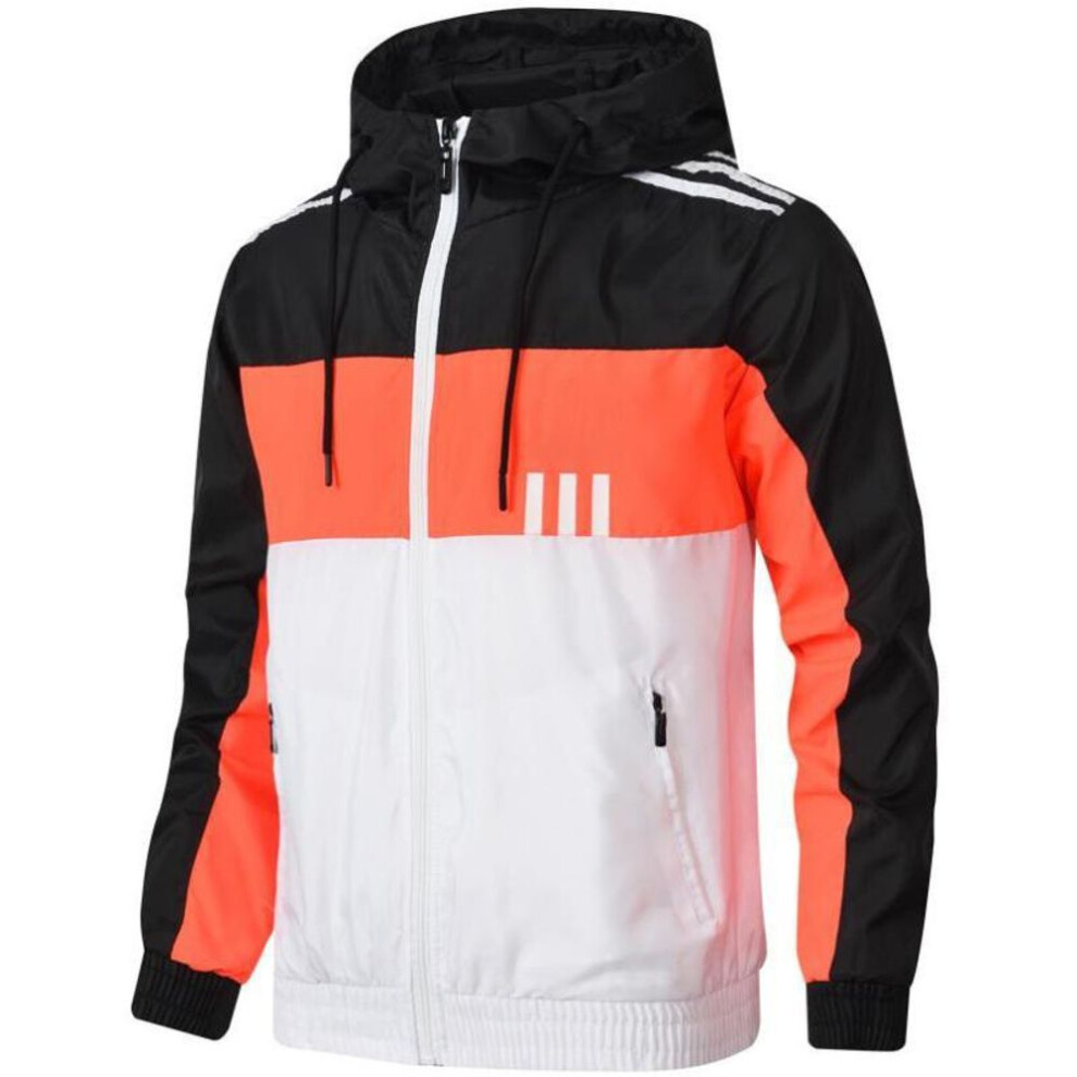(orange, 2XL) Spring and Autumn Men&apos;s and Women&apos;s Jackets Color-blocking Three-bar Regular Long-Sleeve Casual Hooded Collar Jacket