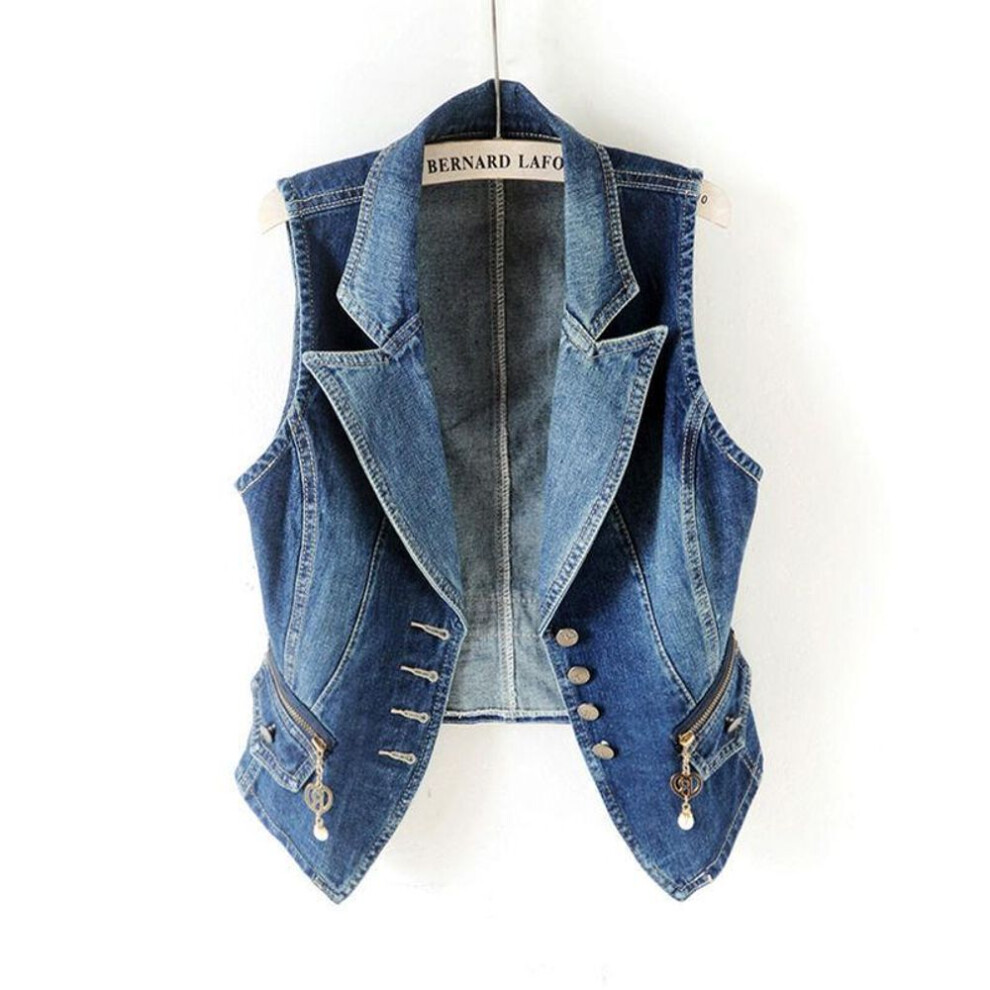 (blue, 3XL) Women Denim Vest Spring Autumn suit collar pocket Sleeveless Slim Jacket Coat tops Outerwear