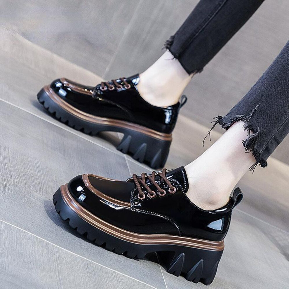 (black, 36) Women&apos;s Thick-soled Leather Shoes British Style Round Toe Color Matching Fashionable Thick Heel Heightening Loafers