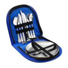 (Blue) Outdoor Double Picnic Bag Travel Cutlery Set Stainless Steel Portable Cutlery Set