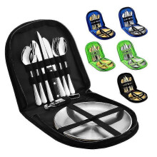 (Black) Outdoor Double Picnic Bag Travel Cutlery Set Stainless Steel Portable Cutlery Set