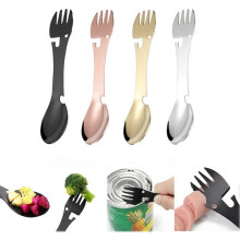 4 Pack Stainless Steel Spork Camping Utensil 5 in 1 Functional Multi Flatware with Knife Spoon Fork Bottle Can Opener Durable, Save Space Flatware Mes
