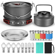 (A) 22-piece camping set - Large hanging flat pan with fork and spoon - For camping, hiking and picnics