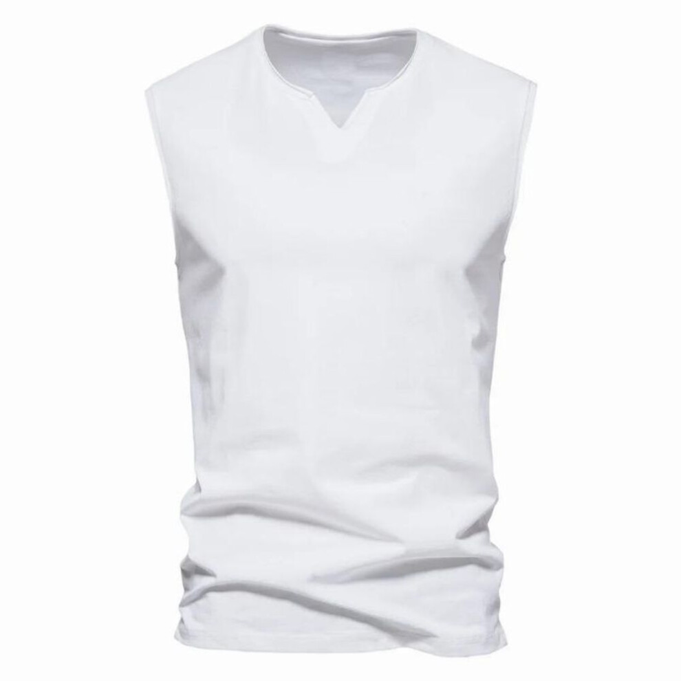 (white, 3XL) Men&apos;s V-neck Summer Cotton Vest Sports Jogging Gym Loose Vest Sleeveless T-shirt Simple Temperament Blazer Lightweight