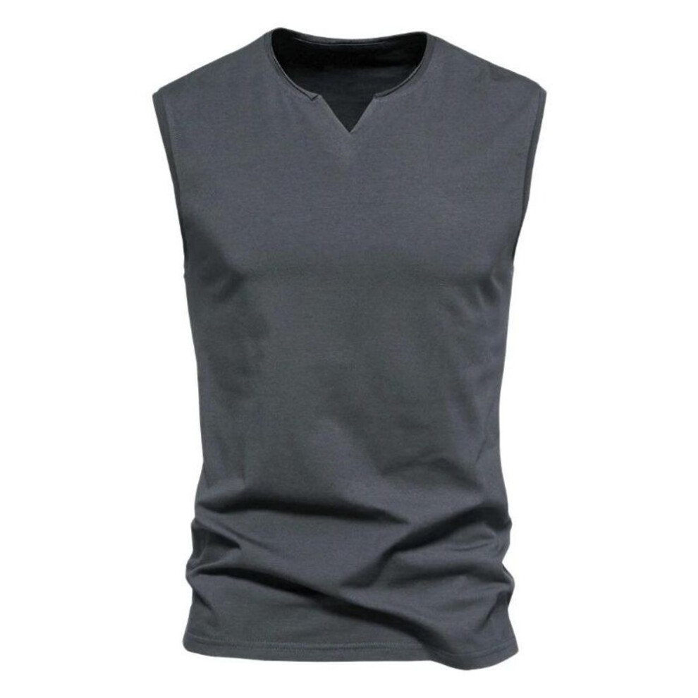 (dark grey, 2XL) Men&apos;s V-neck Summer Cotton Vest Sports Jogging Gym Loose Vest Sleeveless T-shirt Simple Temperament Blazer Lightweight