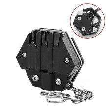 (Black) Multifunctional Outdoor Tool Hexagonal Folding Coin Cutter Keychain Screwdriver