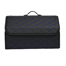 (48 Cm, Blue Line) Car Storage Bag Pu Leather Trunk Organizer Box Bags Folding Car Trunk Stowing