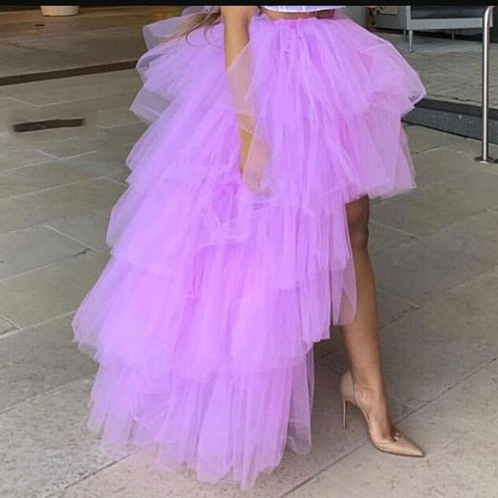 (purple, One Size) Top Quality Women Ruffles Fashion Asymmetrical High Long Waist Mesh Tutu Tulle Midi Skirt White Pink Women