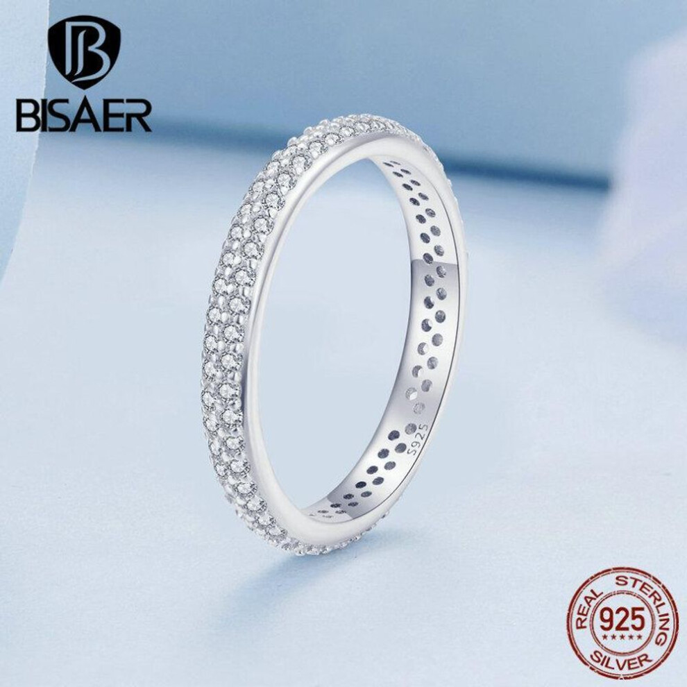 (8) BISAER 925 Sterling Silver Shiny Zircon Finger Ring Simple Eternity Band For Women Valentine&apos;s Day Gift Fine Jewelry