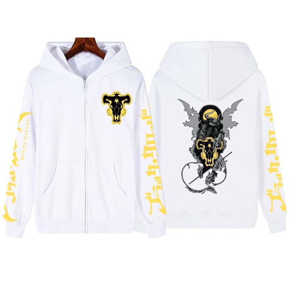 (white, S) Black Clover Print Zipper Hoodie Men Women Funny Asta Autumn Spring Sweatshir Coat Loog Sleeve Unisex Top