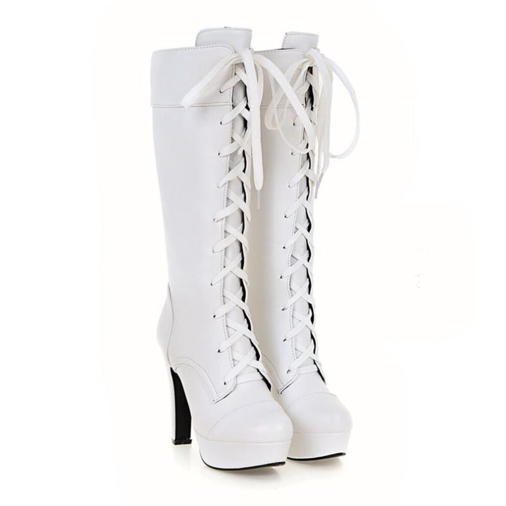 (white, 35) Meotina Winter Knee High Boots Women Lace Up Platform Block Heels Long Boots Fashion Extreme High Heel Shoes Ladies Big Size 43
