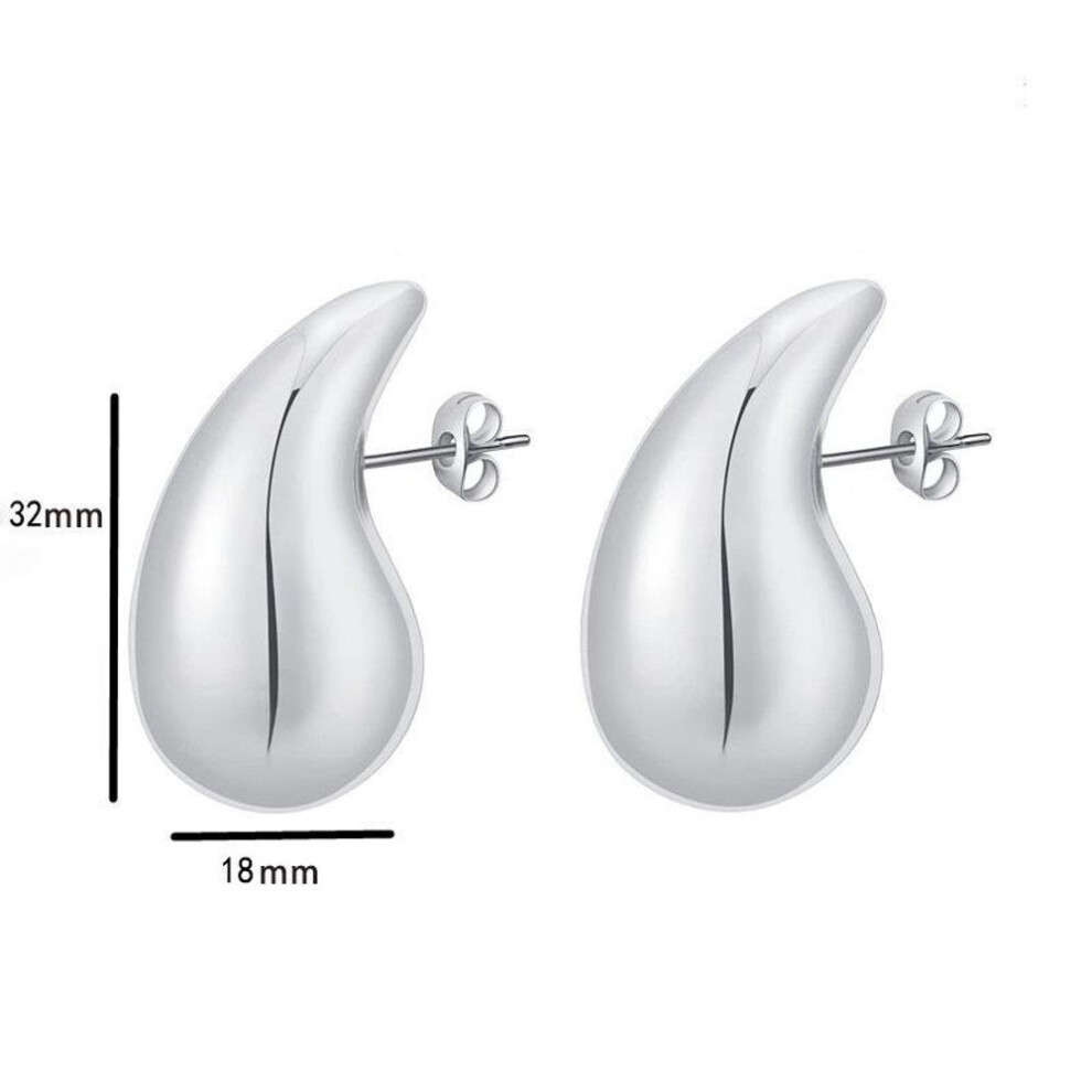 (Silver) Vintage Gold Color Plated Chunky Dome Drop Earrings for Women Glossy Stainless Steel Thick Teardrop Earring Jewelry