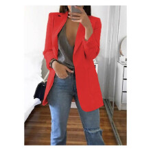 (Red, L) Women Loose Lapel Turndowncollar Long Sleeve Casual Outwear Blazer Women