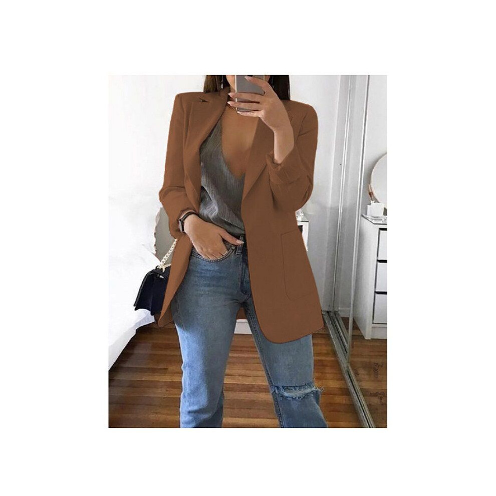 (, 3XL) Women Loose Lapel Turndowncollar Long Sleeve Casual Outwear Blazer Women Brown