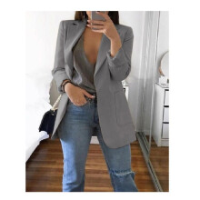 (Gray, XXL) Women Loose Lapel Turndowncollar Long Sleeve Casual Women Blazer Outwear