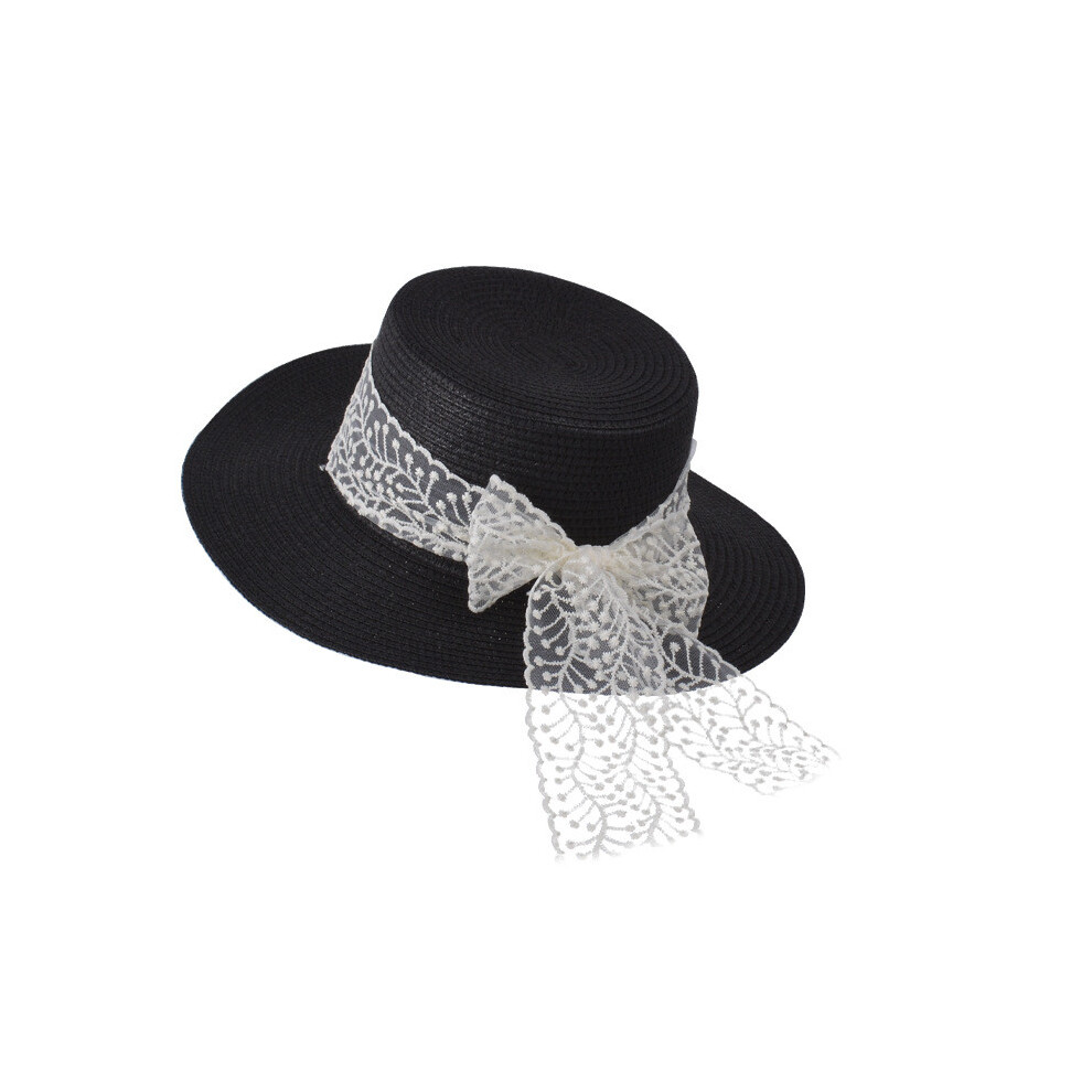 (Lace Butterfly Black) Countryside French Style Straw Hat With Lace Bow Decoration For Suitable Daily-image-OPC-PHGZW7R-NEW