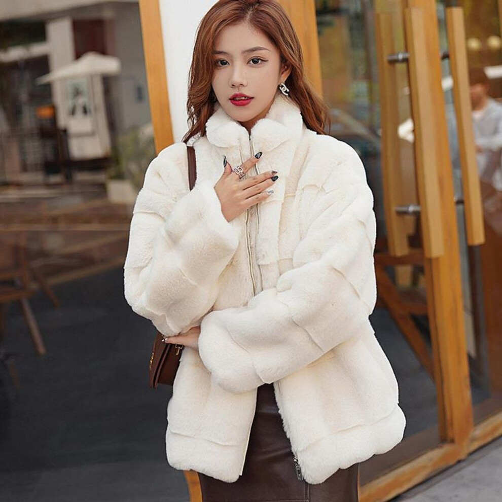 (white, XL) 2024 Winter women&apos;s coat long sleeves plush jacket fluffy overcoats zipper faux mink fur coat women Korean style stand collar outerwear