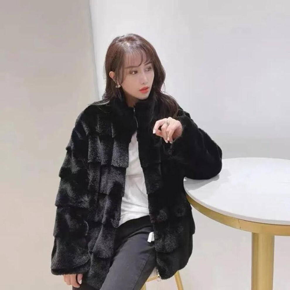 (black, L) 2024 Winter women&apos;s coat long sleeves plush jacket fluffy overcoats zipper faux mink fur coat women Korean style stand collar outerwear