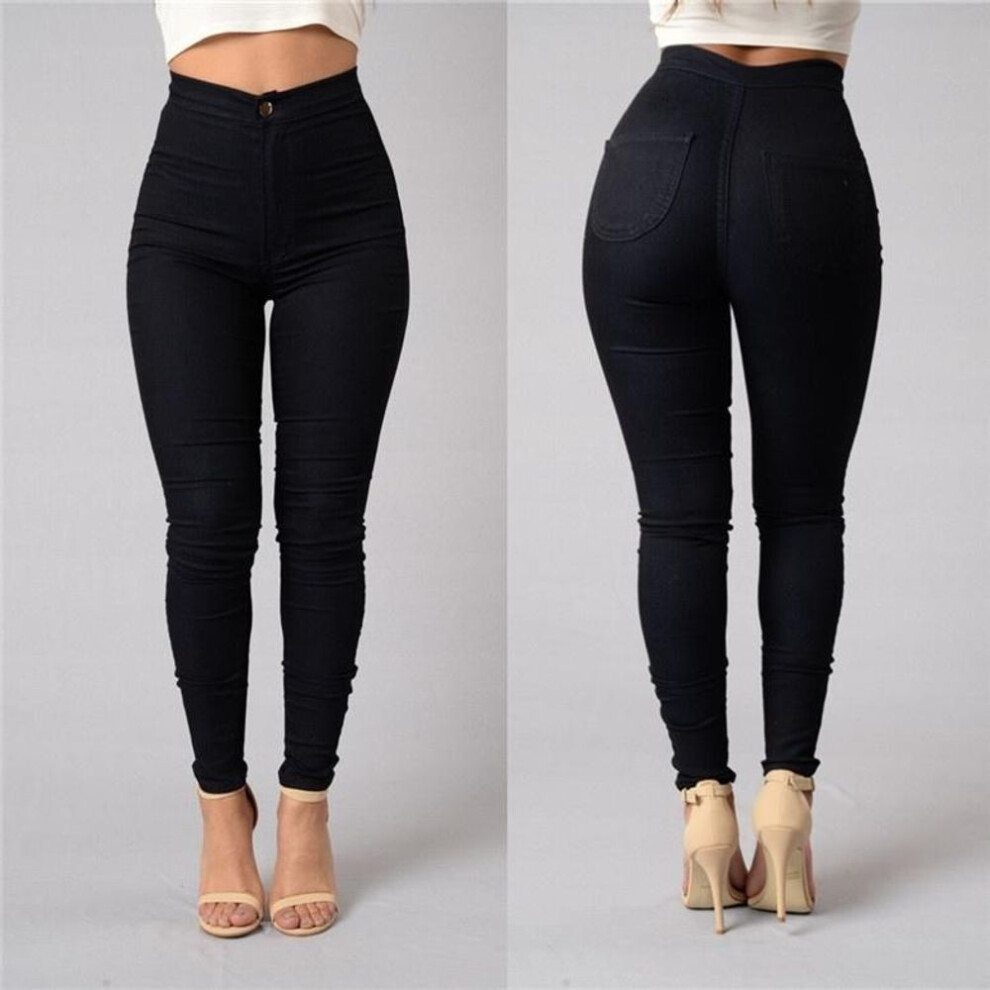 (black, S) 6 Colors Women High Waist Solid Bottom Leggings Casual Jeans Slim Pants Plus Size