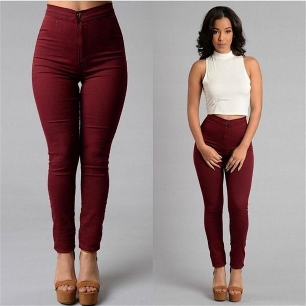 (red, S) 6 Colors Women High Waist Solid Bottom Leggings Casual Jeans Slim Pants Plus Size