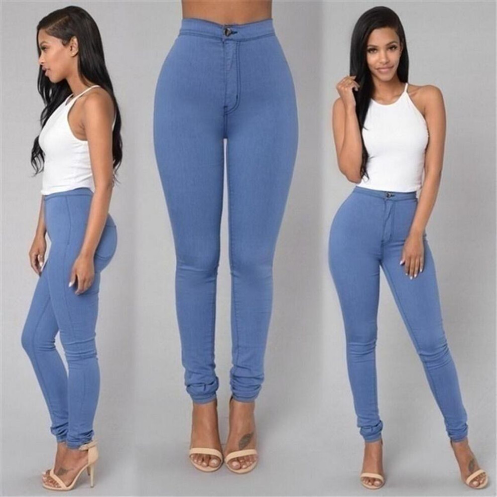 (blue, S) 6 Colors Women High Waist Solid Bottom Leggings Casual Jeans Slim Pants Plus Size