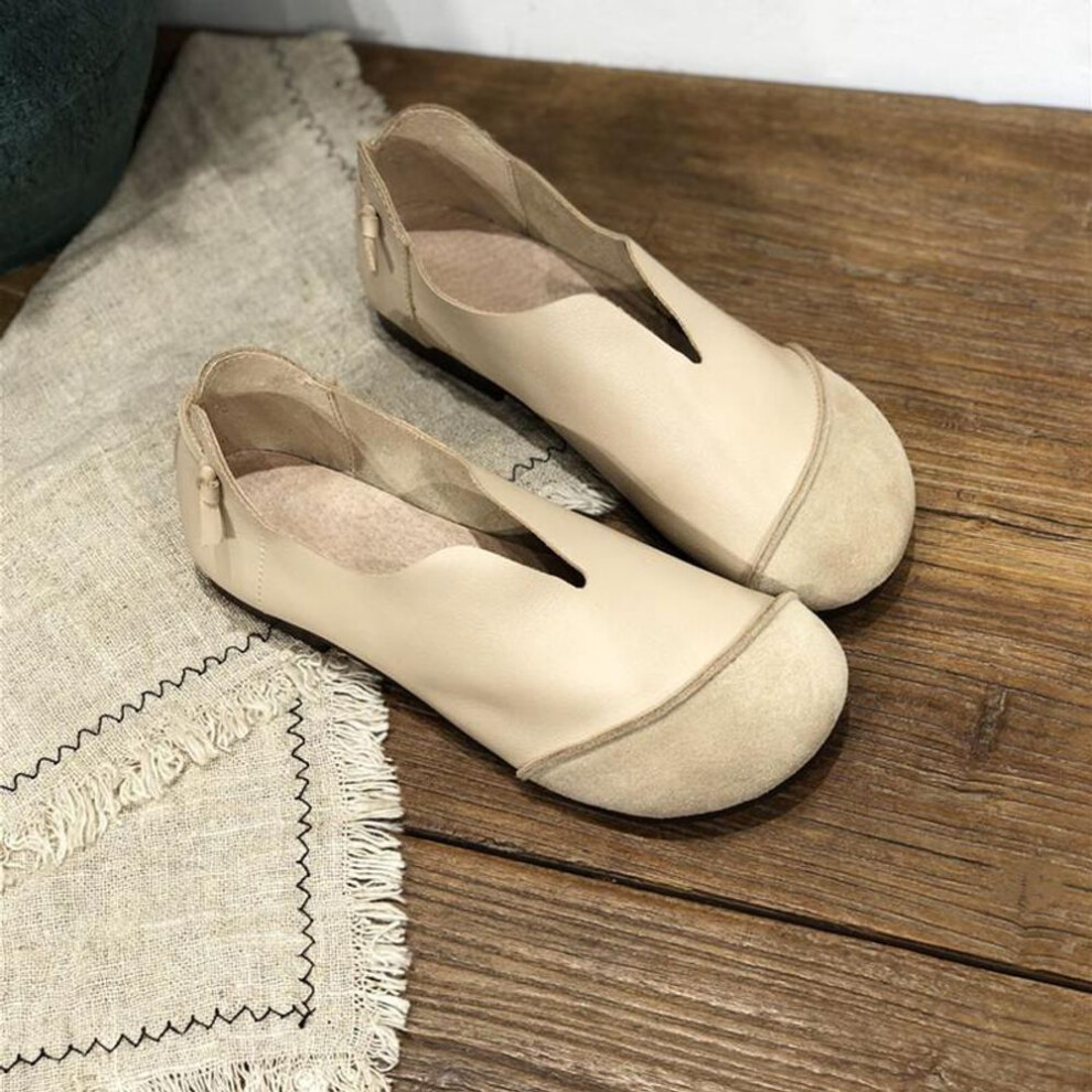 (beige, 36) Johnature Retro Genuine Leather Women Soft Sole Flats Shoes Handmade Casual Shallow Round Toe Slip-on Loafers